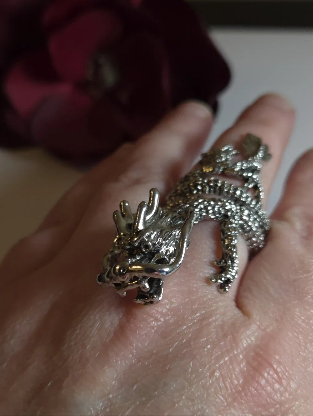 Silver Plated Dragon Tail Wrap Around Ring Size 8 Statement Ring Unisex